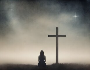 Woman Kneeling and praying in Front of Cross