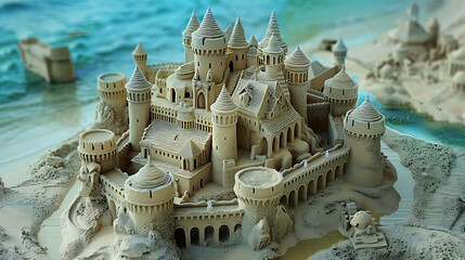 Amazing sandcastle on the beach with the sea in the background. The sandcastle has many towers and turrets and is very detailed. - obrazy, fototapety, plakaty