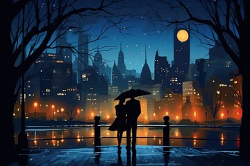 Silhouette of a heretosexual couple in love walking around the night city under an umbrella. Love and relationship concept.