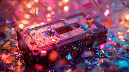 Vintage music cassette amidst colorful party confetti with sparkling lights - obrazy, fototapety, plakaty