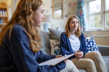 A therapist, depicted from the back, is seen taking notes while holding a notebook and pen, wearing a navy sweater. In the background, a young woman sits comfortably on a sofa
