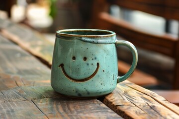 A charming speckled green mug with a cheerful face sits on a wooden backdrop capturing the essence of a simple joy - Powered by Adobe