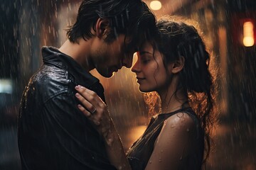 Photorealistic image of a young couple in love, hugging in the pouring rain. AI generated image.