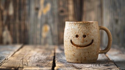 A charming beige mug with a smiling face set against an aged wooden background, giving a rustic...