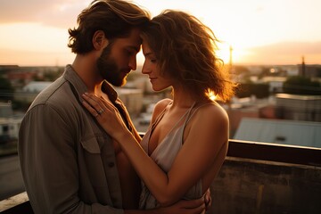 Loving couple on the rooftop during sunset. True love happens once in a lifetime. Away from everyone, to be alone with your beloved.