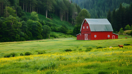 A lush green field of grass and wildflowers is the foreground of this image.