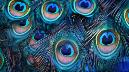 This image captures the intricate details and vibrant colors of peacock feathers, showcasing their natural beauty