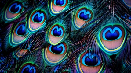 A mesmerizing close-up showing heart-shaped patterns within the peacock feathers' eye spots, highlighting their beauty