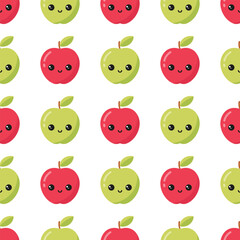 Fruit seamless pattern with cute apples on white background. Vector illustration.