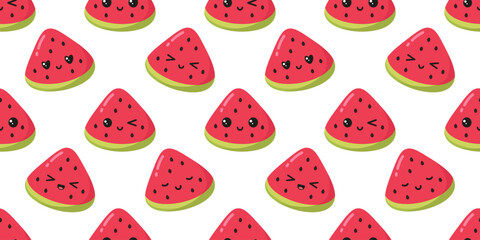 Cute watermelon pieces with kawaii eyes and different emotions. Summer seamless pattern on white background.