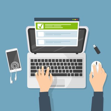 Sondaggio online sui modulo su laptop. Illustrazione . Design in stile piatto domande risposte esatte e sbagliate	
