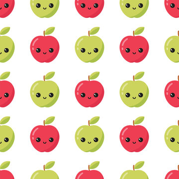Fruit seamless pattern with cute apples on white background. Vector illustration.