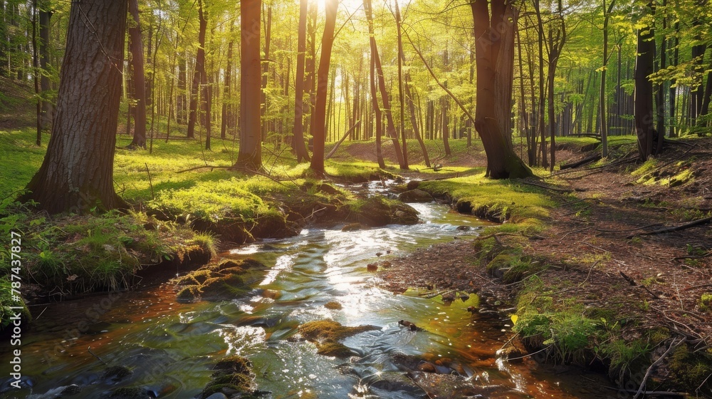 Poster majestic view of the sunlight filtering through the forest canopy, illuminating the clear stream and