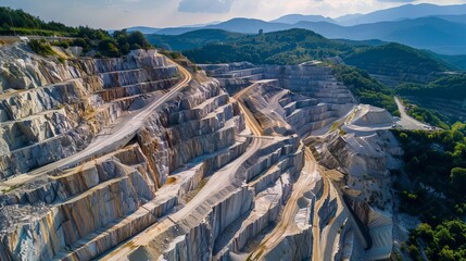 aerial view of massive industrial terraces in an openpit dolomite mine - obrazy, fototapety, plakaty