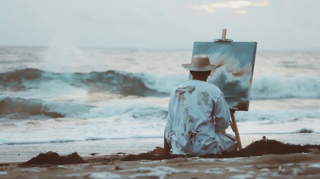 A serene capture of an artist's intimate moment with their canvas, painting the waves in a tranquil beach setting