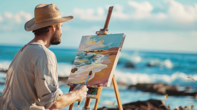 The back of a painter working on a canvas by the sea, the warm light of the setting sun painting the sky, highlighting artistic creation