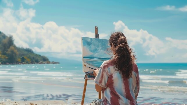 An artist is deeply absorbed in painting a coastal landscape on a sunny day with clear blue skies and lush surroundings