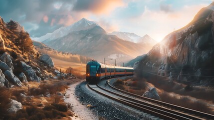 train on the railway in the montains, Modern Electric Train Amidst a Breathtaking European Landscape, Embracing Green Energy Inspiration - Powered by Adobe