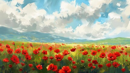 beautiful red poppy flower field landscape papaver rhoeas digital painting - obrazy, fototapety, plakaty