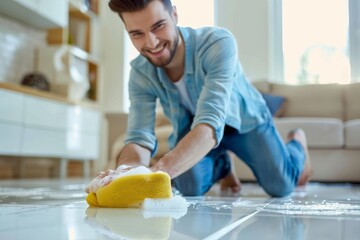Kneeling man smiling while wiping floor tiles with a soapy yellow sponge - obrazy, fototapety, plakaty