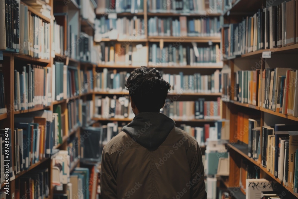 Poster a contemplative man standing amidst rows of books in the quiet solitude of a library aisle