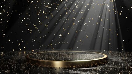 black stage with gold podium and glittering confetti spotlight elegant award ceremony or product launch background 3d rendering