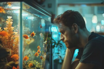 A man is captivated while observing the vibrant tropical fish swimming in a large aquarium with lush aquatic plants