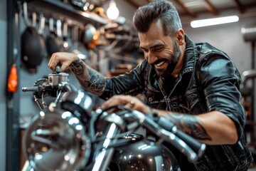 A tattooed biker in a denim vest grips the handlebars of a chrome-laden motorcycle in a mechanic...