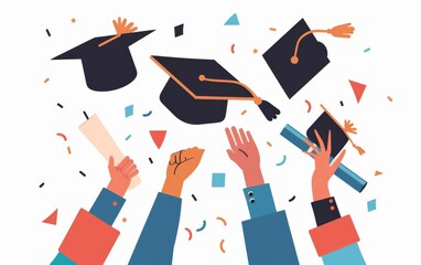 hands holding diploma and graduation caps flying in the air, with minimalistic background, simple shapes Generative AI