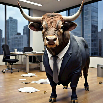 Business Bull on all Fours in Suit and Neck Tie in Messy Office