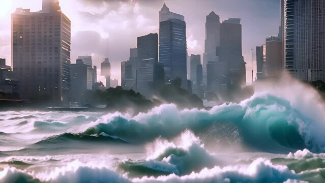 A tsunami wave hits a modern city. Natural disaster concept
