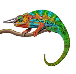 A colourful chameleon is perched on a branch in front of a white background.
