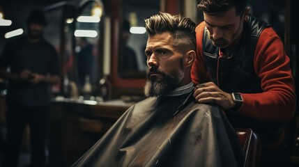 Fototapeta na wymiar Handsome bearded man getting haircut by hairdresser in barbershop