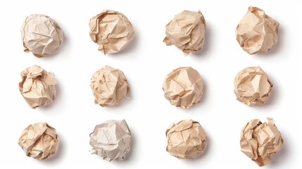 collection of crumpled paper balls isolated on white background creative texture and pattern concept - obrazy, fototapety, plakaty