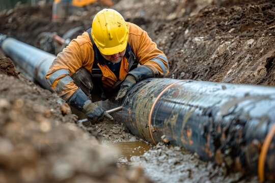 A focused worker in protective gear repairs a large pipeline, showcasing the industrial maintenance process and manual labor
