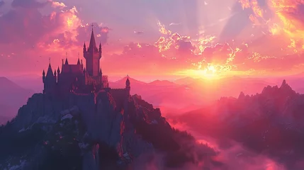 Papier Peint photo Violet In this 3D illustration, a majestic castle perches atop a hill, basking in the warm glow of the sunrise. The first light of dawn paints the sky with soft hues of orange and pink, casting a serene