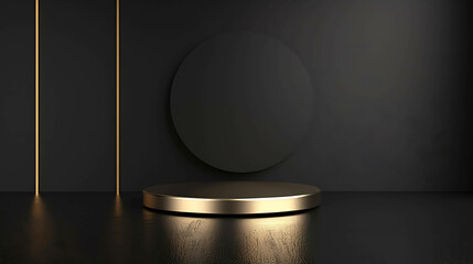 3D rendering of a golden podium with a black background. The podium is lit by a spotlight from above.