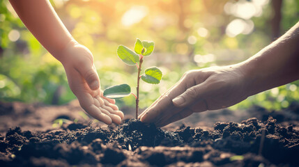 Adult's Hand And Child's Hand Together Conserve Environment By Planting New Plant in The Soil