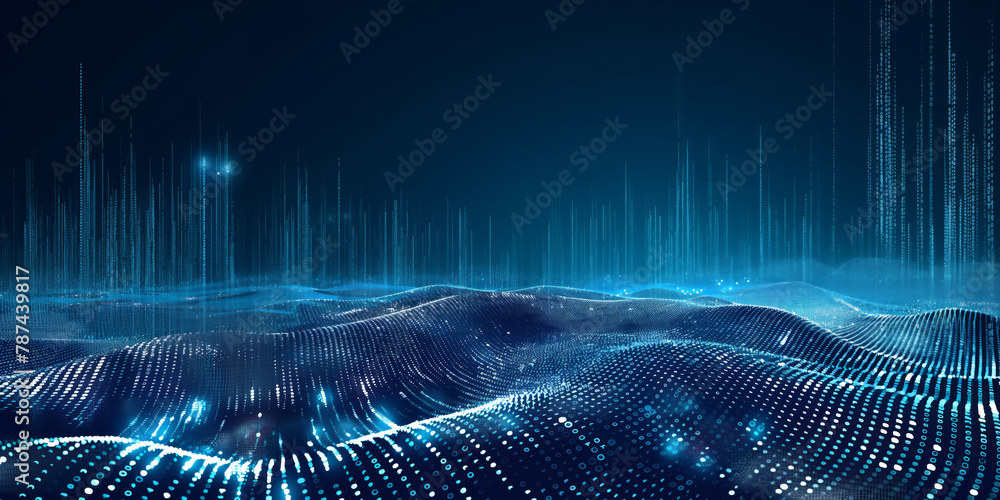Poster abstract digital landscape with blue neon light particles and binary code rain