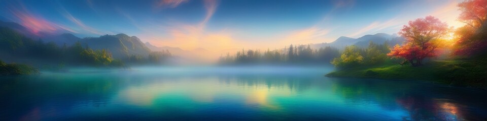 Abstract midsummer watercolor blurred landscape of mountain lake at sunset in delicate pastel colors. Abstract background for design, place for text.	
 - obrazy, fototapety, plakaty