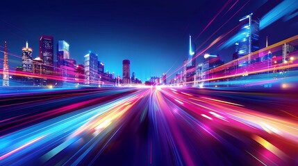 Fototapeta na wymiar dynamic light trails of fast moving cars on city road at night long exposure effect abstract vector illustration