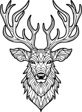 Black and White Coloring Book Image, Realistic Moose with Mandala Patterns