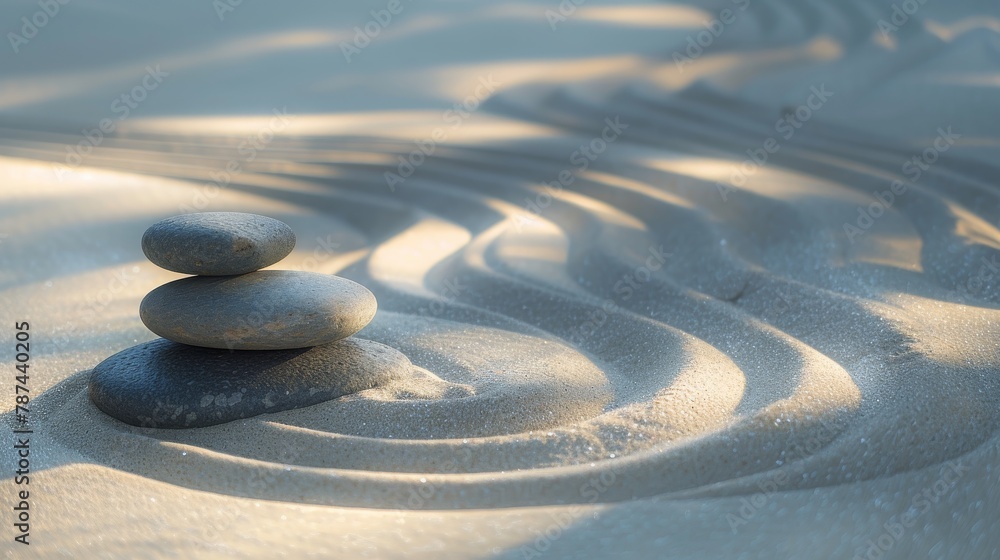 Leinwandbilder a calming image of a small stack of stones perfectly balanced atop a sand surface with rippled lines