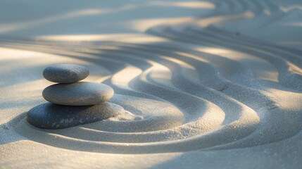 A calming image of a small stack of stones perfectly balanced atop a sand surface with rippled lines