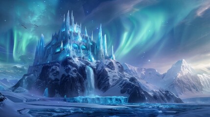 A majestic fantasy scene of an ice castle set against a vibrant aurora borealis in a snowy polar landscape