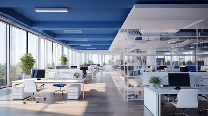Contemporary white and blue office space: modern interior design in business environment

