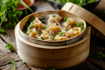 Chinese dumplings in bamboo steamer on wood background. Hot Chinese traditional gedza dumplings in...