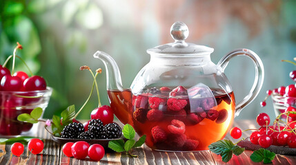 Freshly brewed fruit and berry tea in a glass tea pot on gradient red background. Vitamins health...