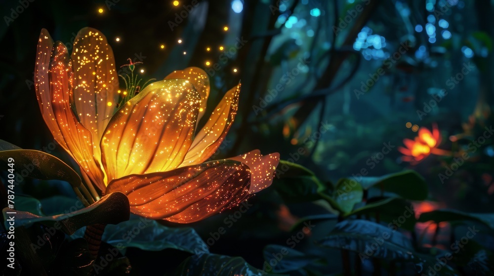 Poster this captivating image showcases a luminous, mystical flower amidst the dense foliage of an enchante