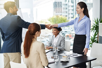 Business people, handshake and meeting with partnership for introduction, greeting or agreement at...